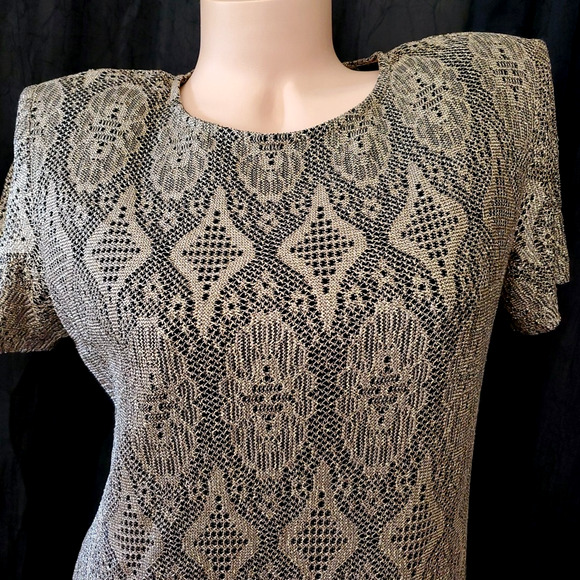 80's Vintage SHAIR AIDE Cocktail Dress CROCHET GOLD LACE Flapper Fringe SIZE 10 - Picture 2 of 10